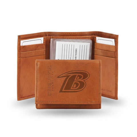 Baltimore Ravens Embossed Genuine Leather Trifold Wallet - Pecan Brown