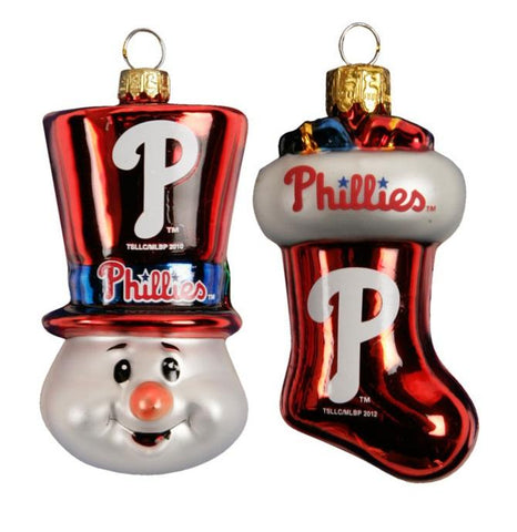 Philadelphia Phillies Snowman & Stocking Glass Ornament Set