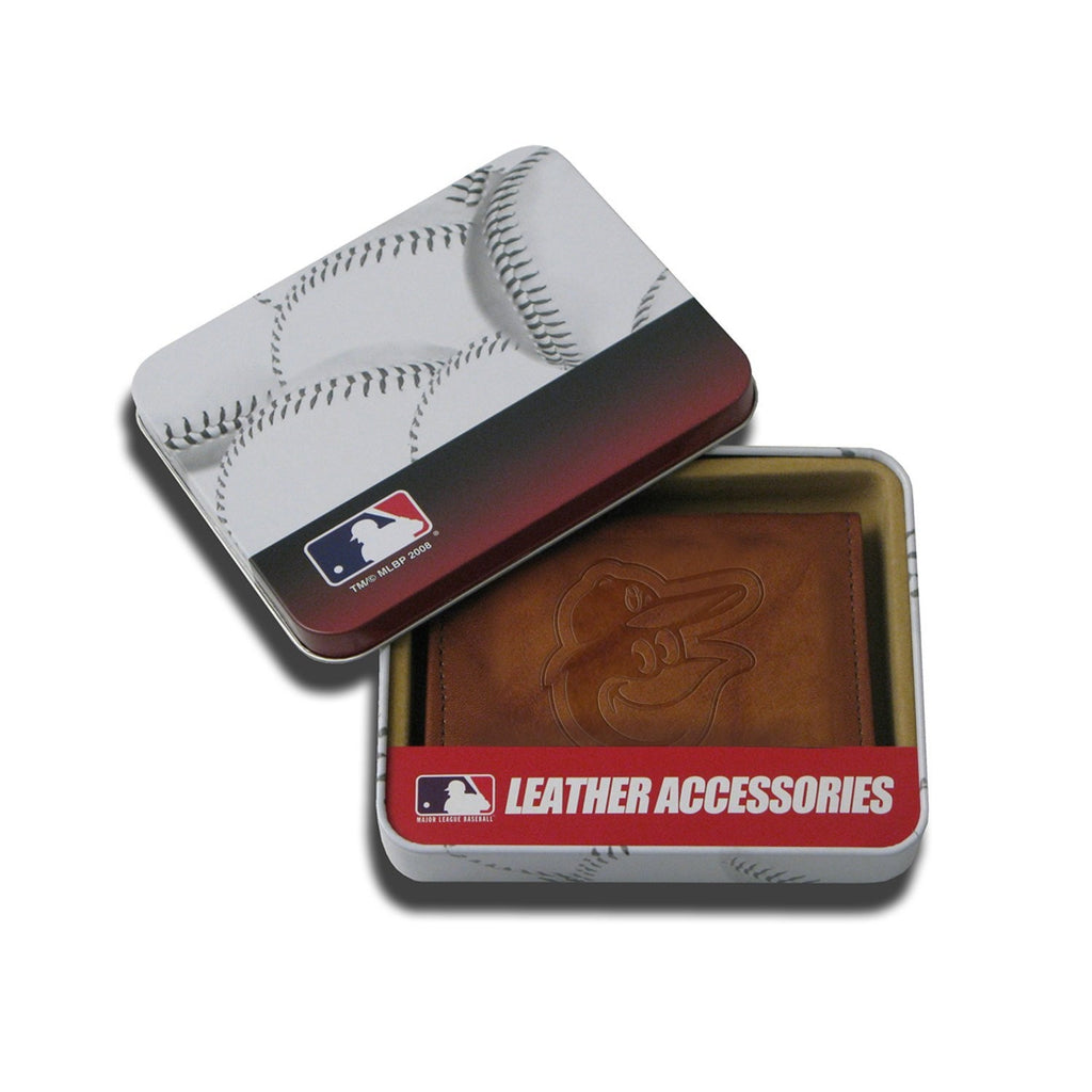 Baltimore Orioles Embossed Genuine Leather Trifold Wallet - Pecan Brown