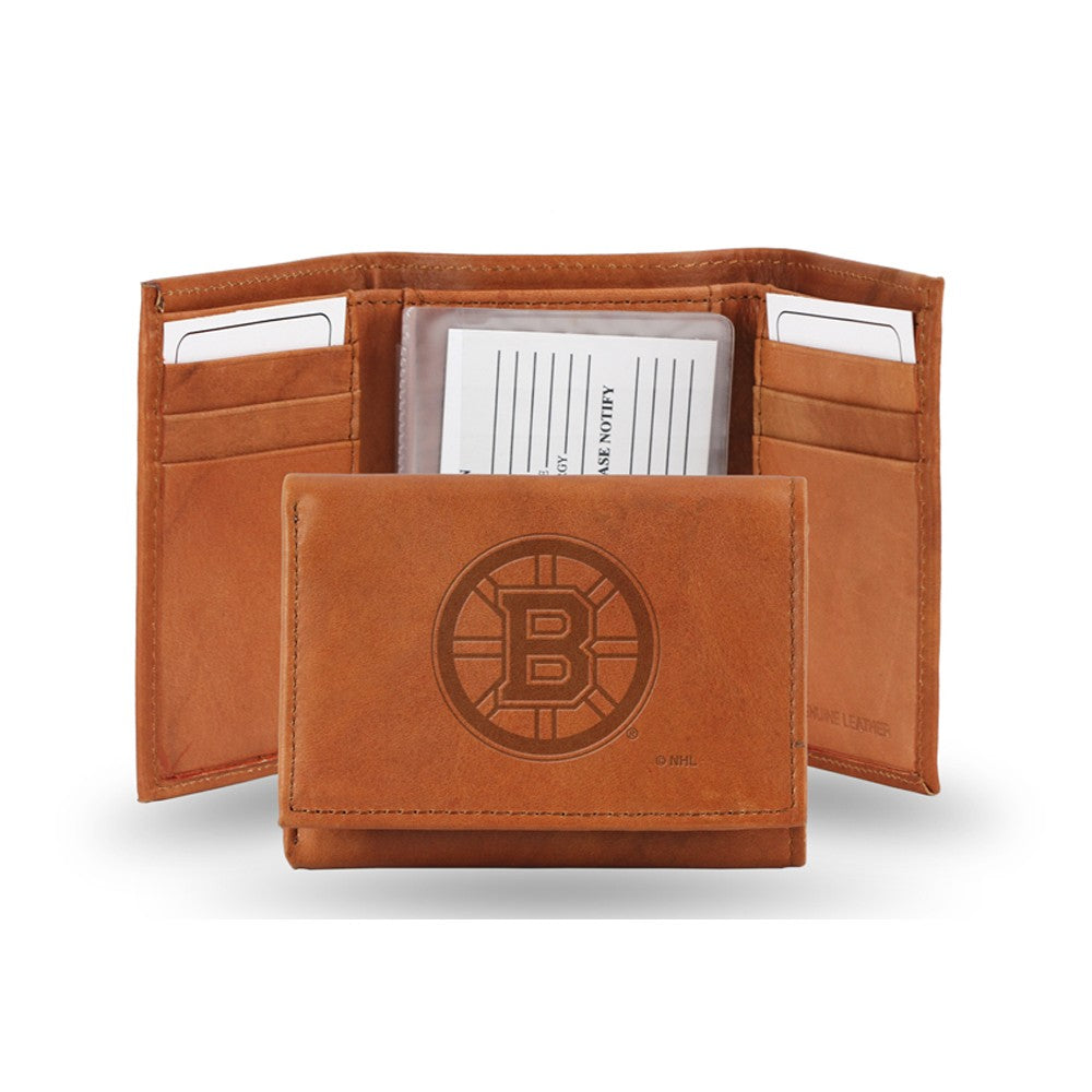 Boston Bruins Embossed Genuine Leather Trifold Wallet - Pecan Brown