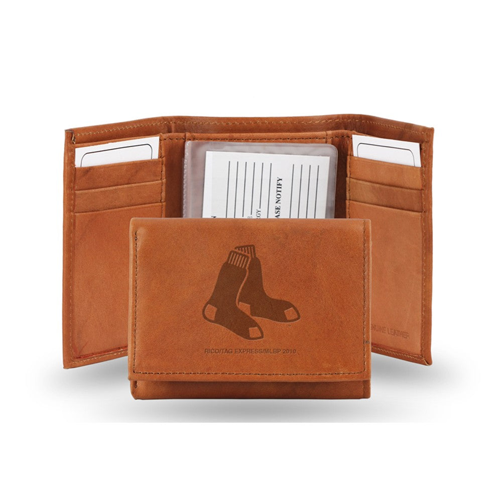 Boston Red Sox Embossed Genuine Leather Trifold Wallet - Pecan Brown