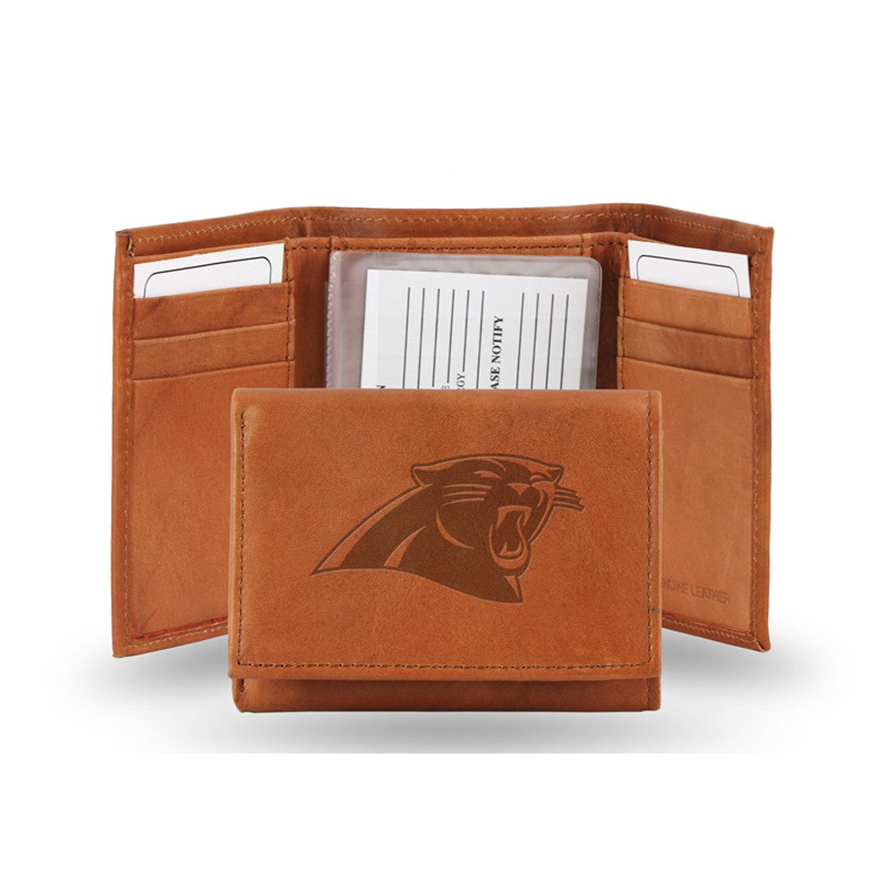 Carolina Panthers Embossed Genuine Leather Trifold Wallet - Pecan Brown