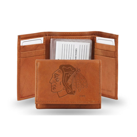 Chicago Blackhawks Embossed Genuine Leather Trifold Wallet - Pecan Brown