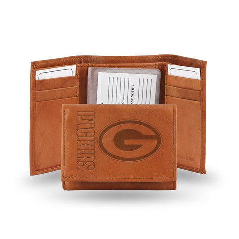 Green Bay Packers Embossed Genuine Leather Trifold Wallet - Pecan Brown