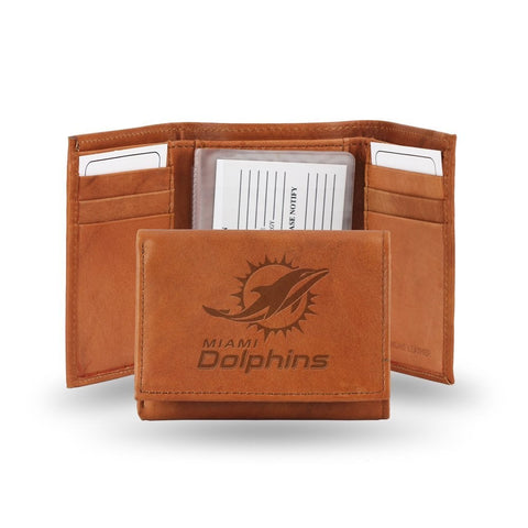 Miami Dolphins Embossed Genuine Leather Trifold Wallet - Pecan Brown
