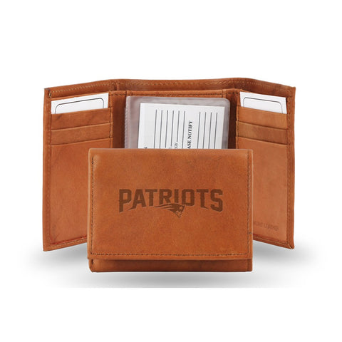 New England Patriots Embossed Genuine Leather Trifold Wallet - Pecan Brown