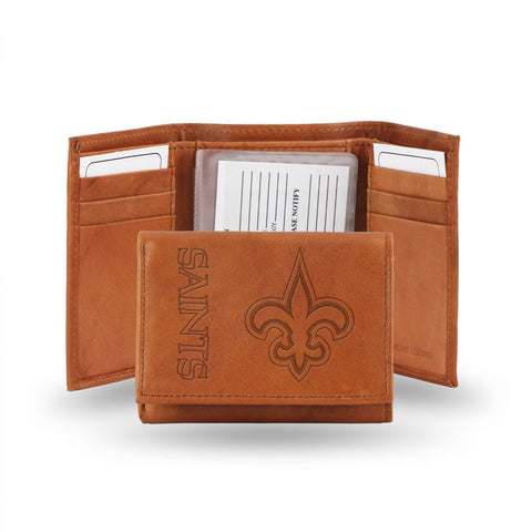 New Orleans Saints Embossed Genuine Leather Trifold Wallet - Pecan Brown