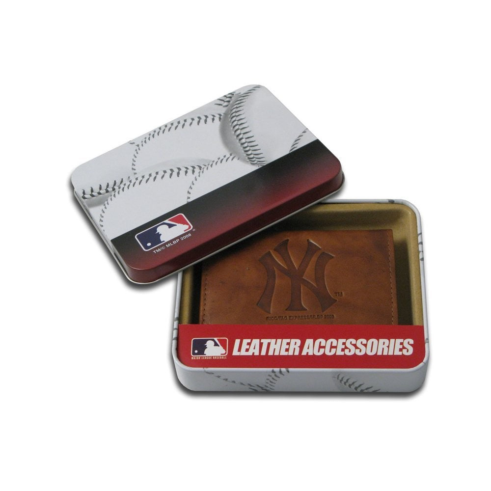 New York Yankees Embossed Genuine Leather Trifold Wallet - Pecan Brown