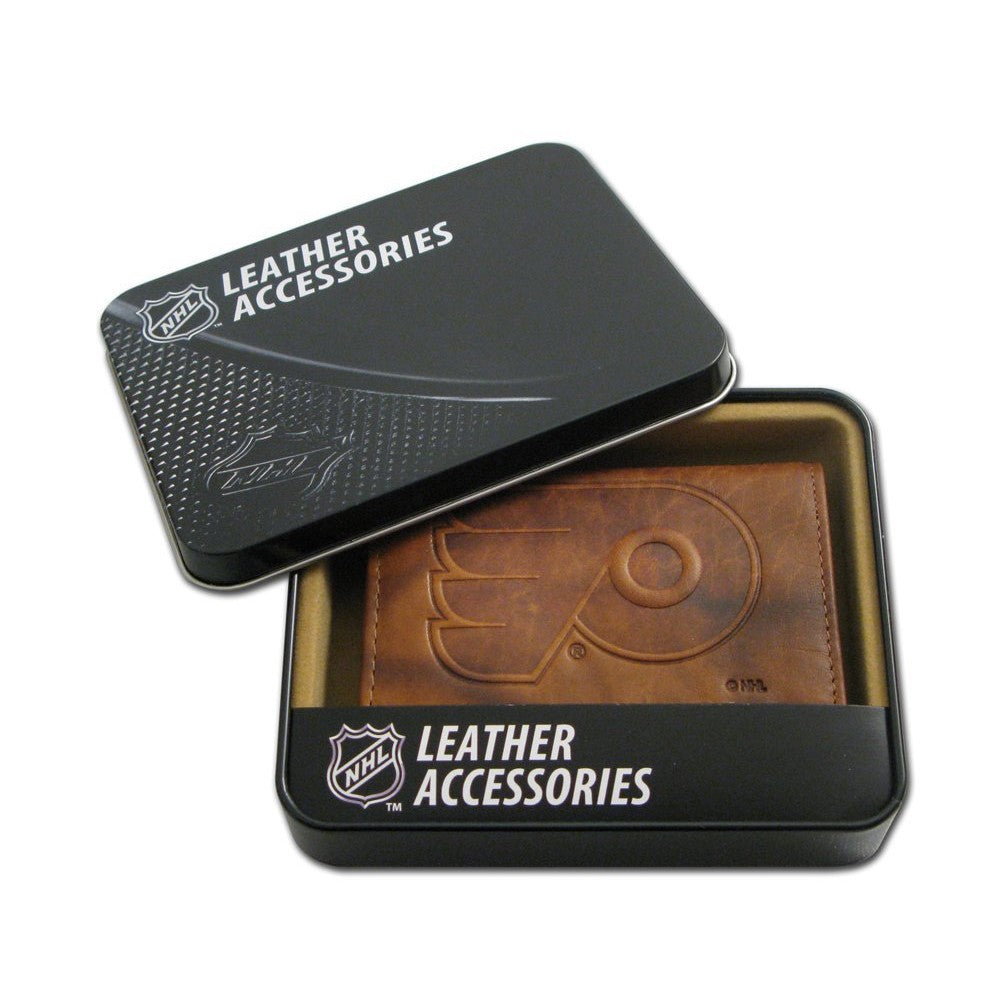 Philadelphia Flyers Embossed Genuine Leather Trifold Wallet - Pecan Brown