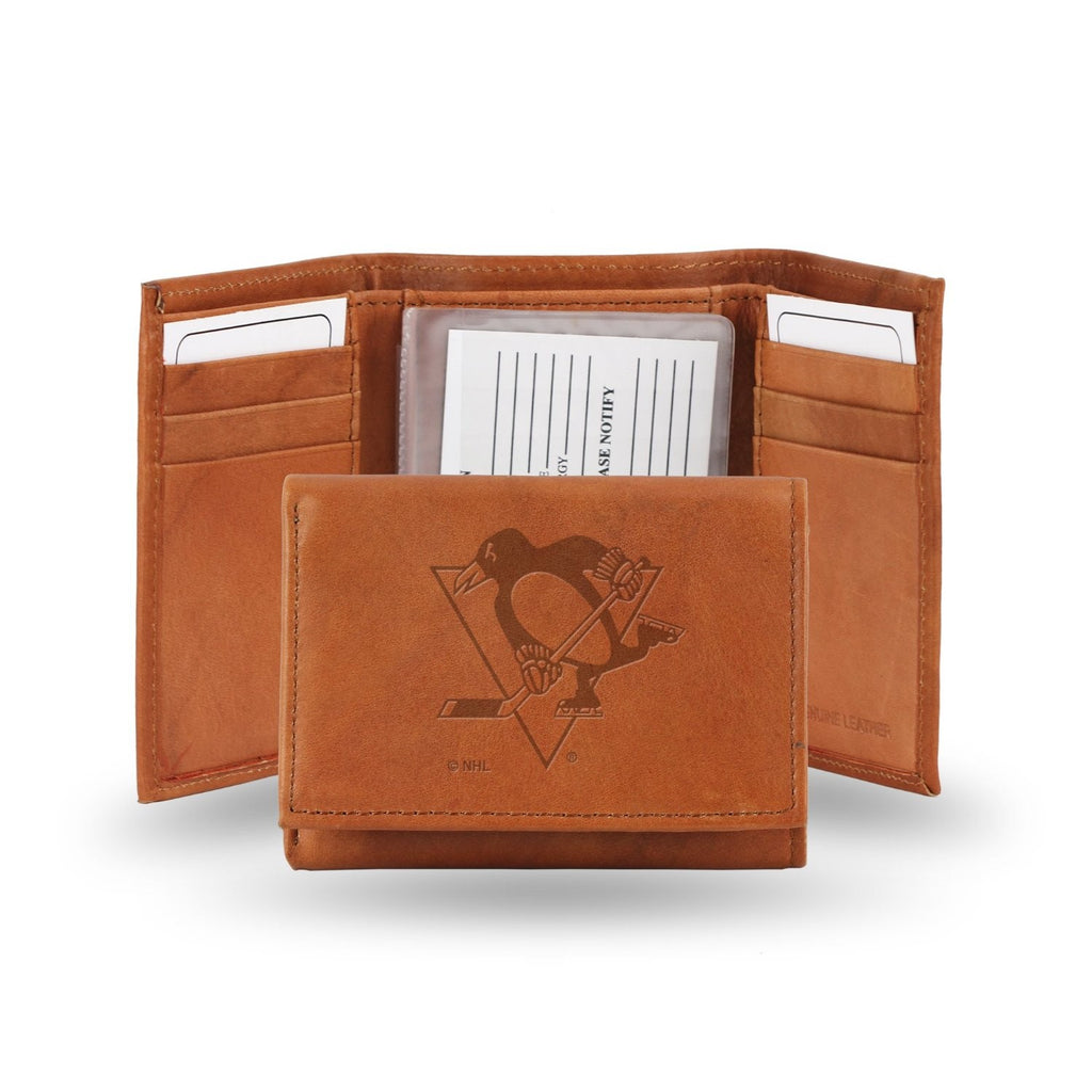 Pittsburgh Penguins Embossed Genuine Leather Trifold Wallet - Pecan Brown