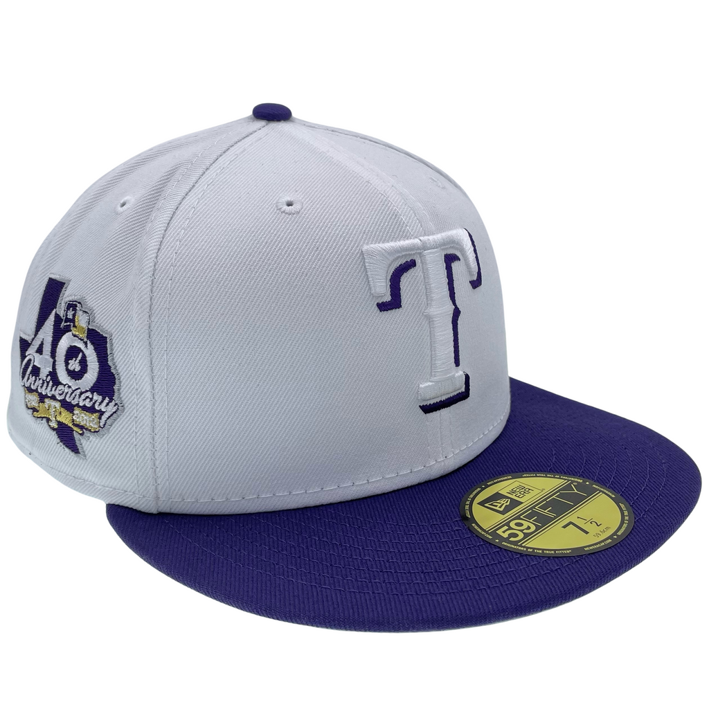 Texas Rangers White/Purple with 40th Anniversary Sidepatch 5950 Fitted Hat  – Fan Treasures