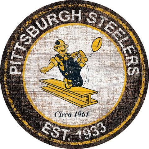 Pittsburgh Steelers Heritage Retro Round Logo Wooden Sign